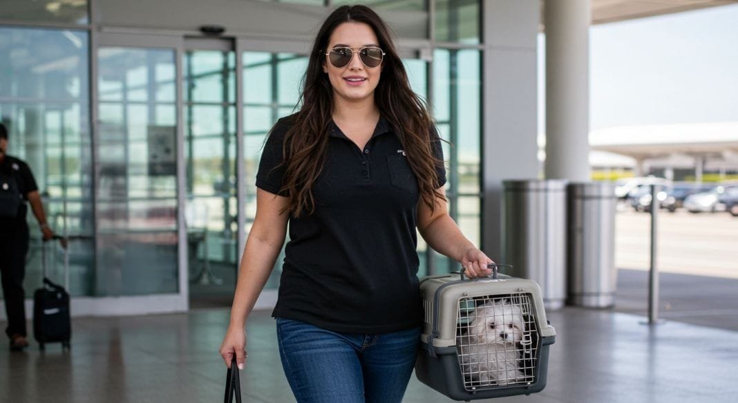 Airport pet handler moving a secure carrier during pet relocation logistics – Illustrative Image Airport pet handler moving a secure carrier during pet relocation logistics – Illustrative Image