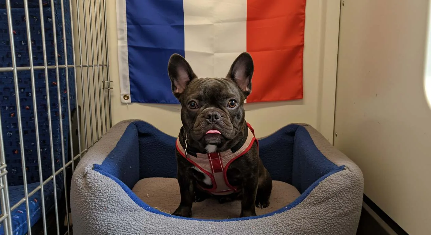 An AI photo of a snub nose French bulldog awaiting UK-France travel