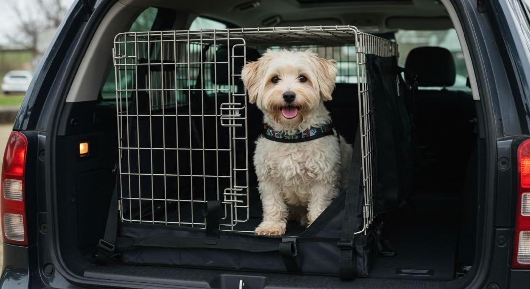 Dog in car cage
