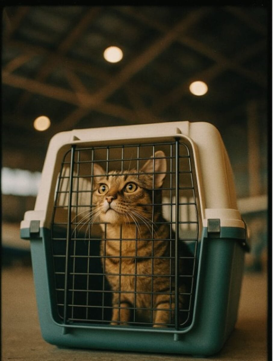 Cat in travel cage