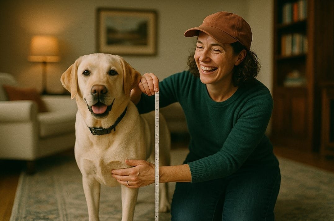 Owner measuring dog for a travel crate at home