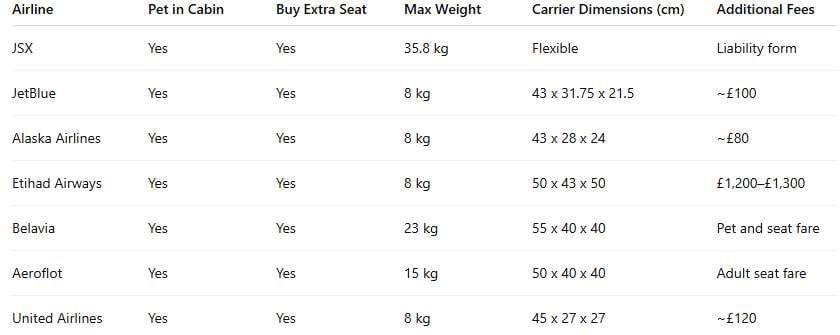 Comparison table 14 Tailored Pet Travel