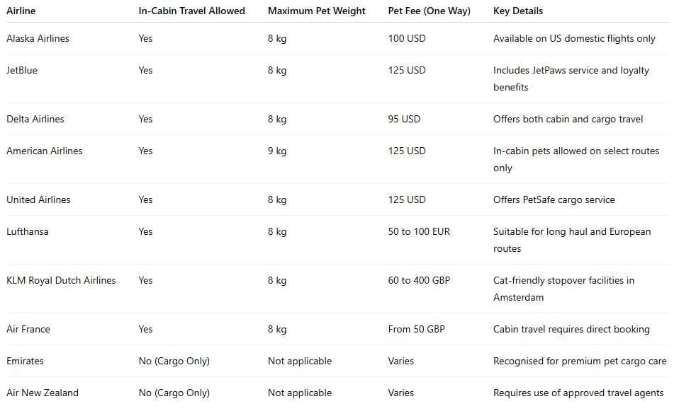 Comparison table 15 Tailored Pet Travel