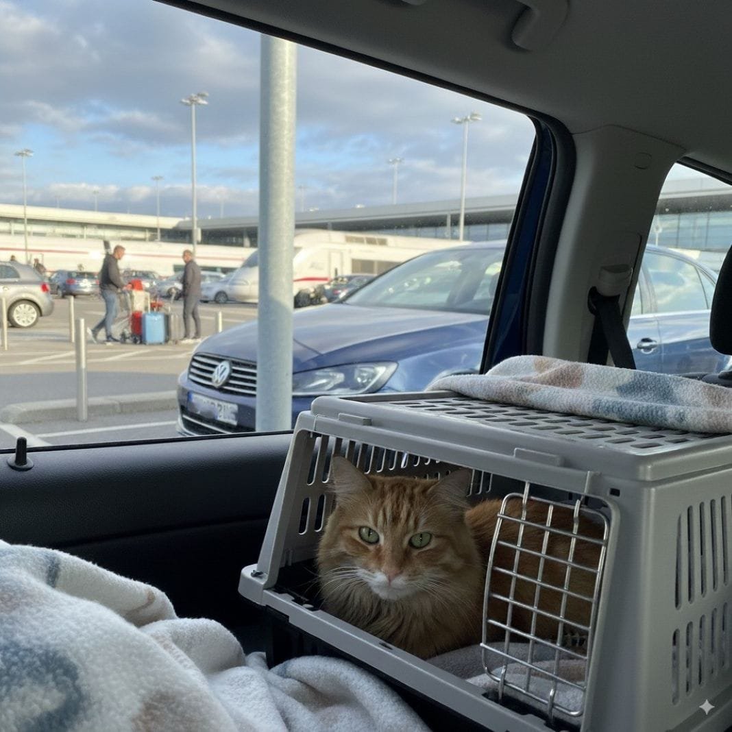 An AI photo of a cat in a travel crate in a eurostar car park waiting for the euro tunnel to be transported