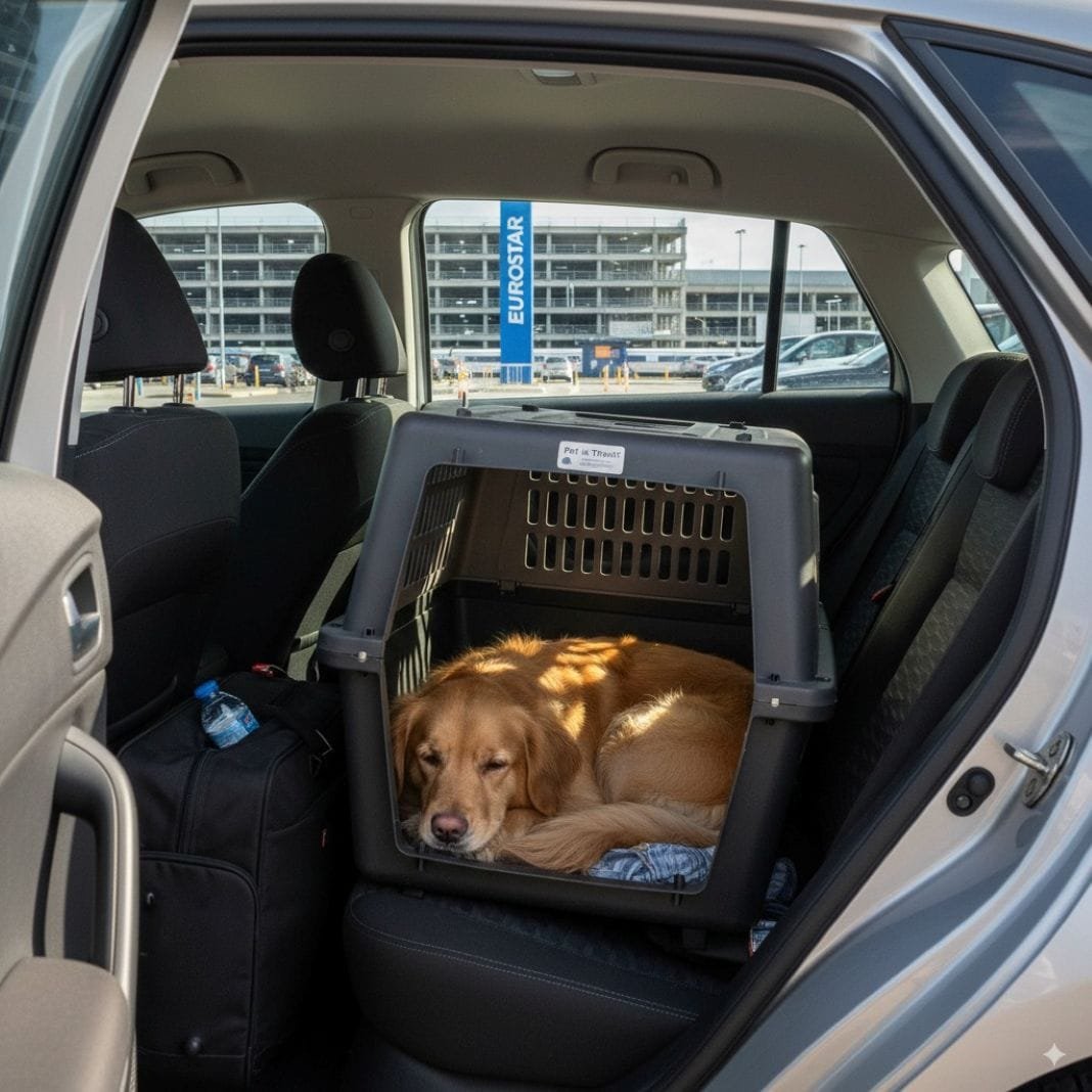An AI photo of a dog in a travel crate in a eurostar car park waiting for the euro tunnel to be transported