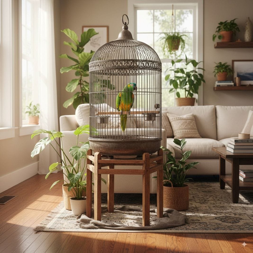 An ai photo of a parrot in a cage in a uk home An ai photo of a parrot in a cage in a uk home