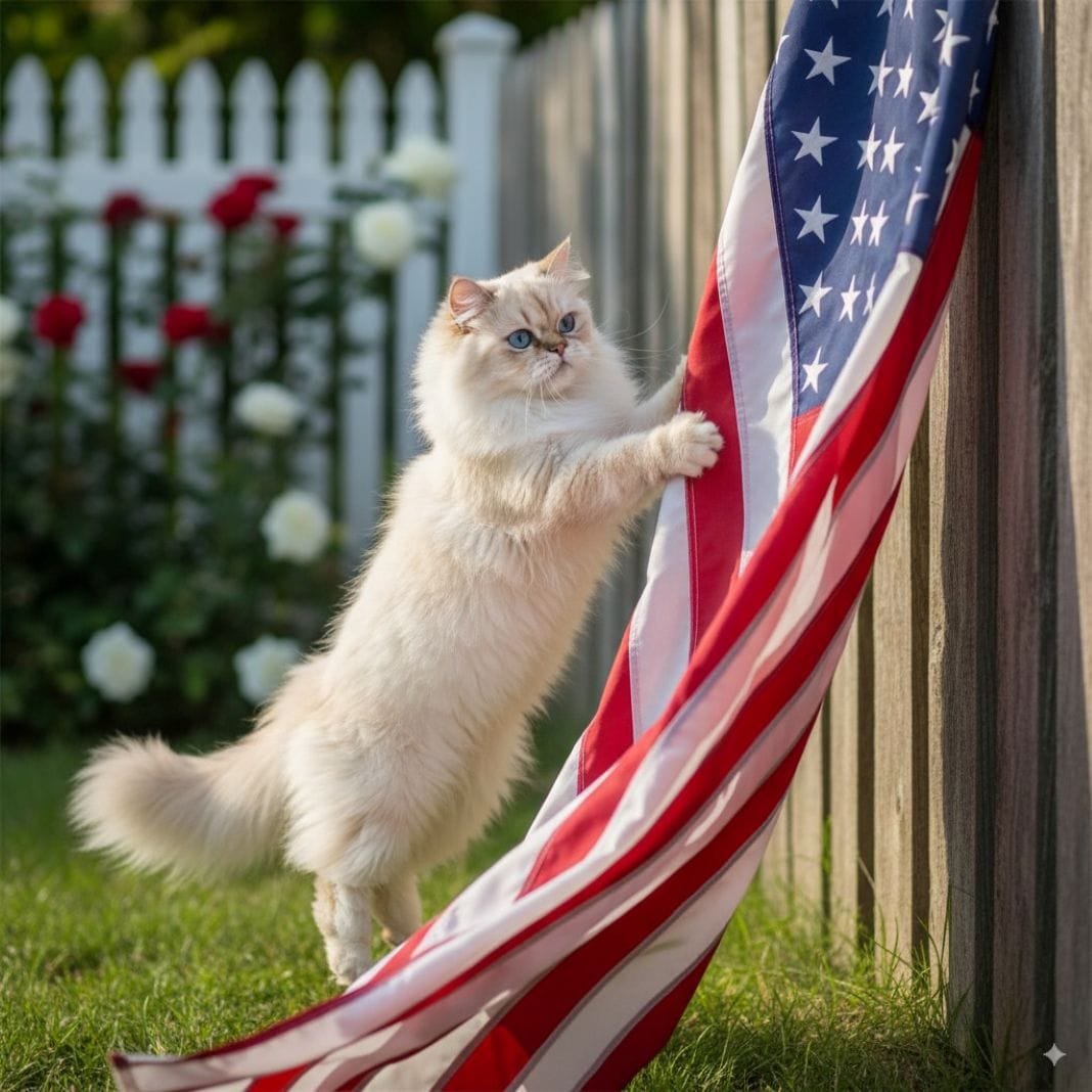 An ai photo of a persian cat who has travelled from the uk to the usa and is now jumping on the american flag