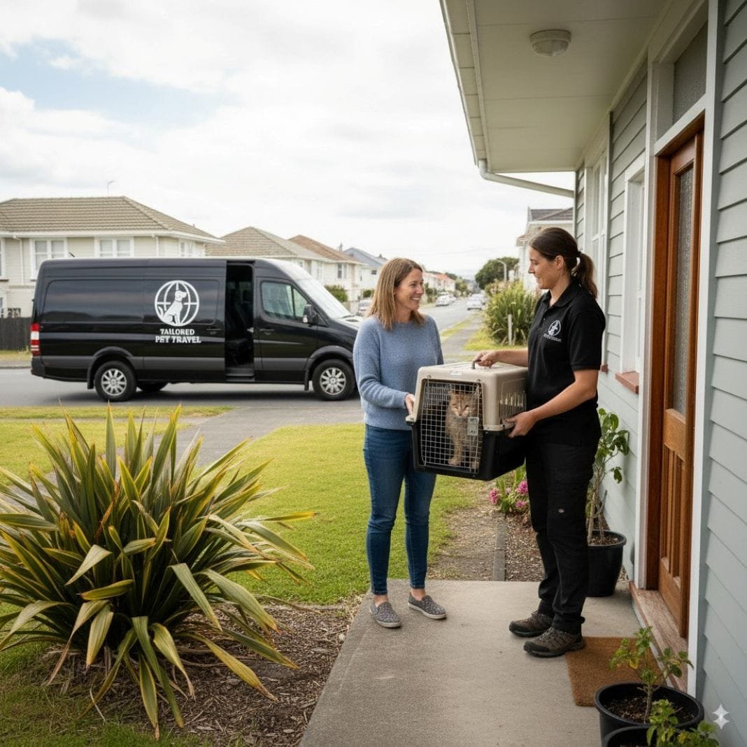 An ai photo of a pet handler professionally transporting a cat in new zealand and giving it to the pet owner