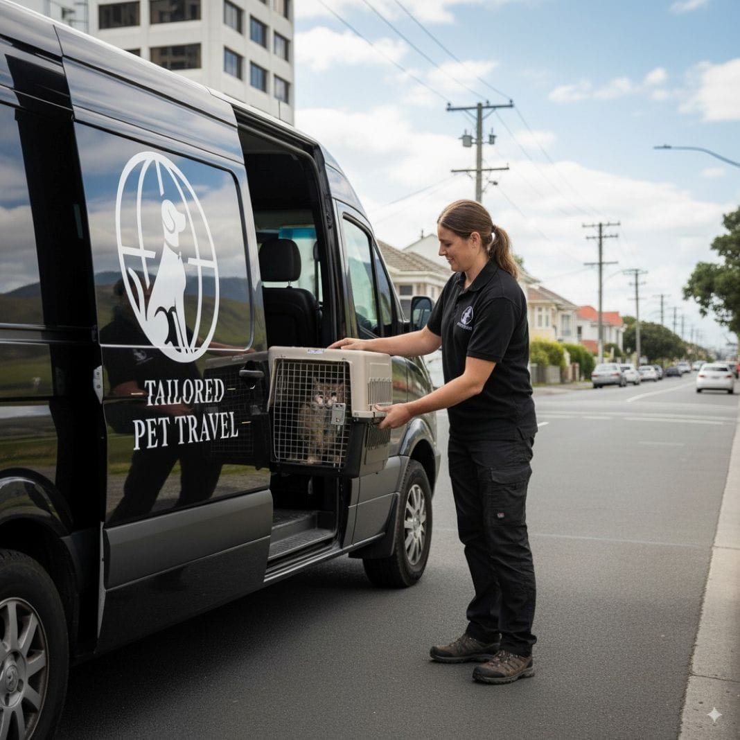 An ai photo of a pet handler professionally transporting a cat in new zealand