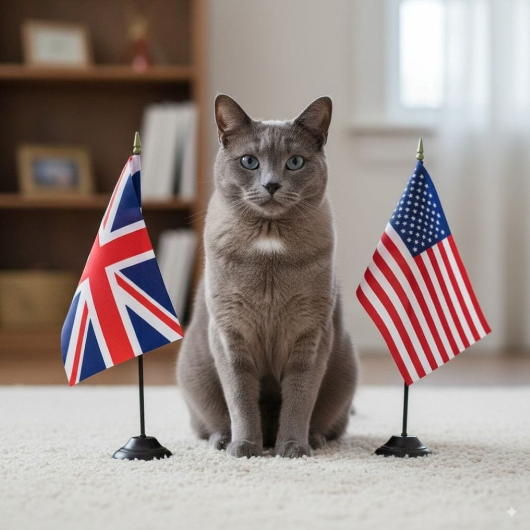 an ai photo of a cat sitting between a uk and usa flag about to be transported