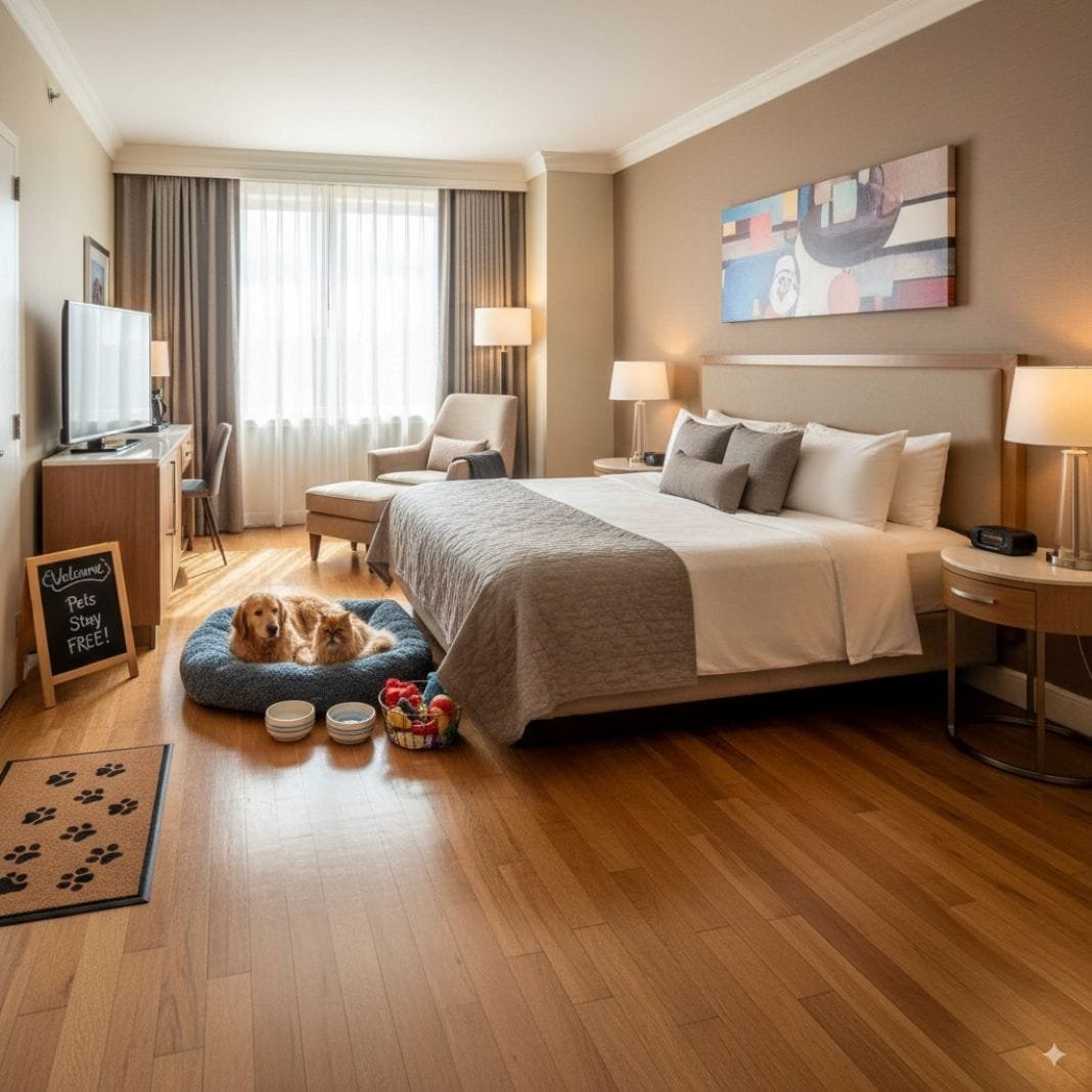 an ai photo of a dog and a cat in a pet friendly hotel room