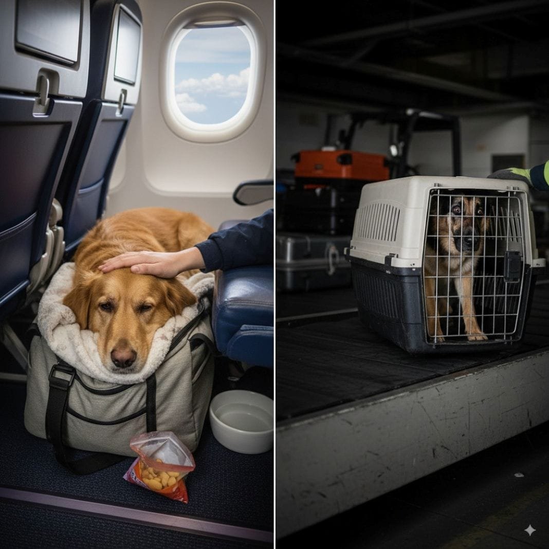 an ai photo of a dog transport comparison between cargo and in cabin travelling