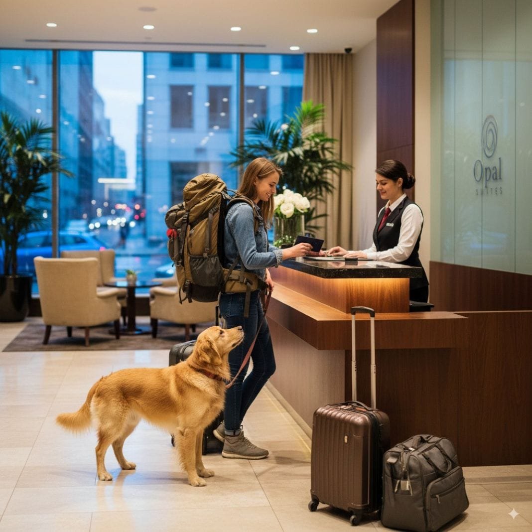 an ai photo of a traveller checking in to a hotel with their pet dog