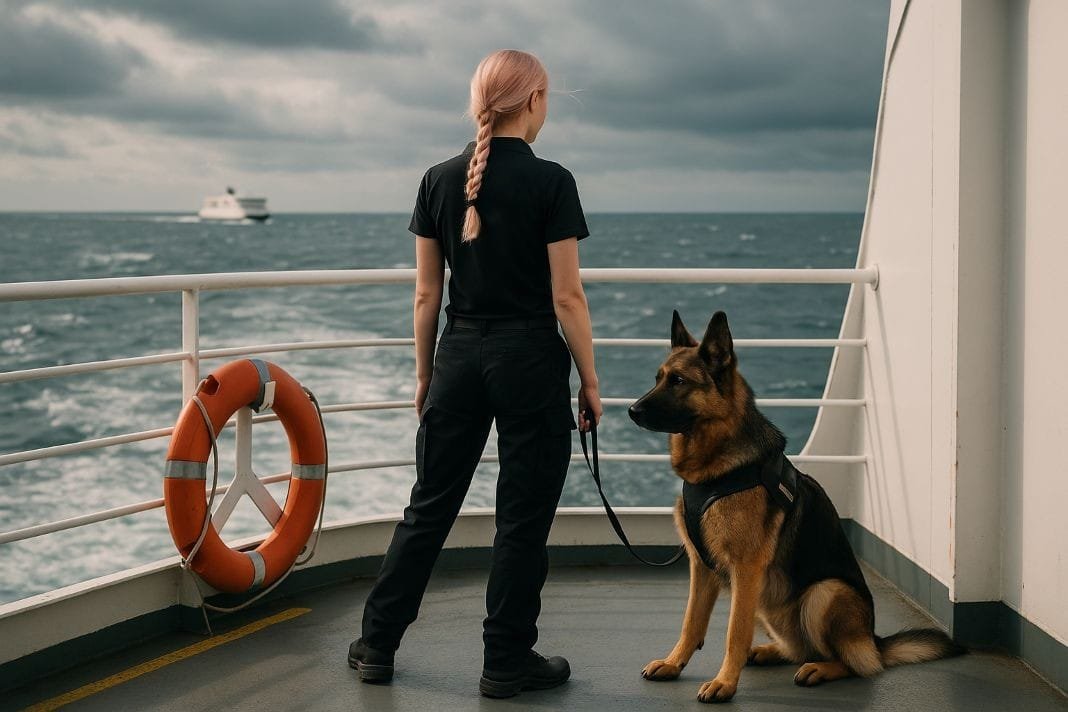 an ai photo of a german shepherd being transported by ferry by a dog handler