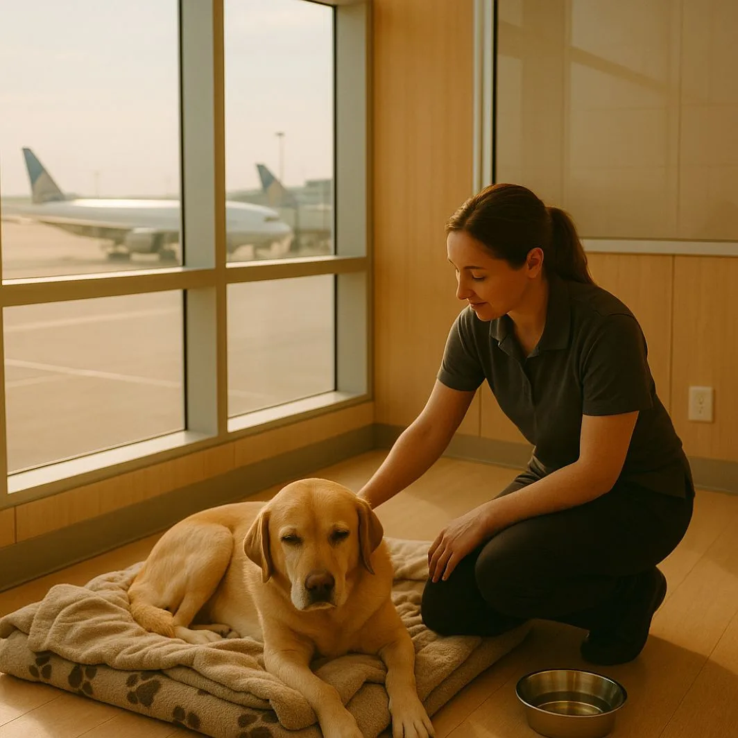 An AI image of a Long Haul Pet Layover at Airport - Dog - Tailored Pet Travel
