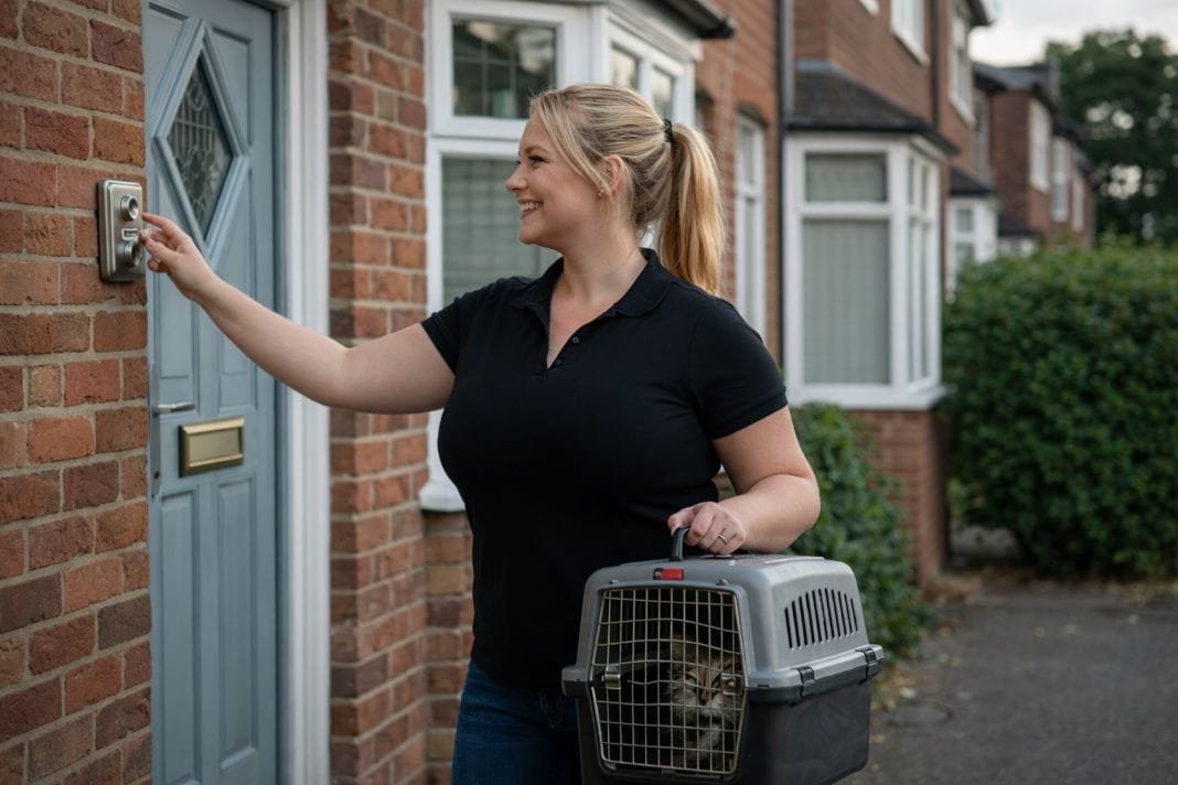 An ai photo of a pet handler knocking on a door delivering the pet