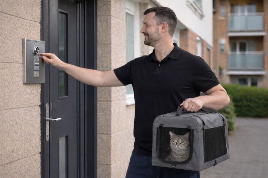 An ai photo of a pet handler knocking on a door of a flat delivering the pet