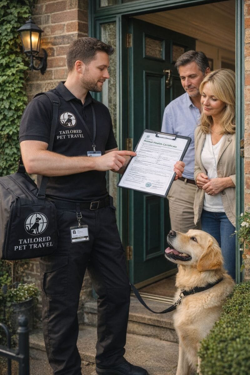 ai-image-animal-health-certificate-tailored-pet-travel AI image - pet travel expert displaying an AHC