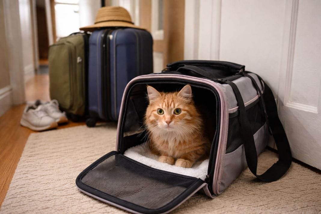 An illustrative image of a cat in pet carriers in a home hallway, suitcases nearby, suggesting upcoming travel