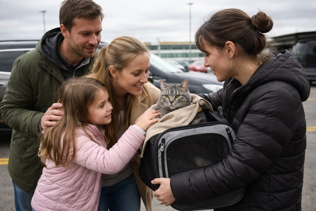 An illustrative image of a family saying goodbye to their cat at a handover spot in an airport car park on a cloudy day