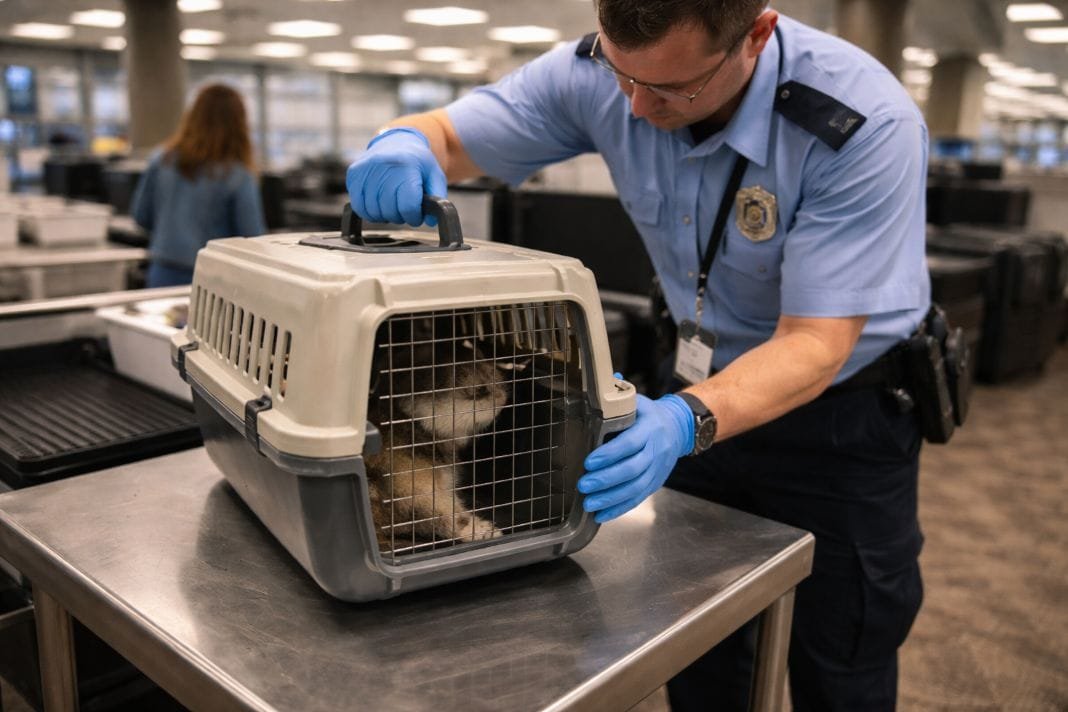 An illustrative image of a pet carrier being carefully checked by a staff member at an airport terminal