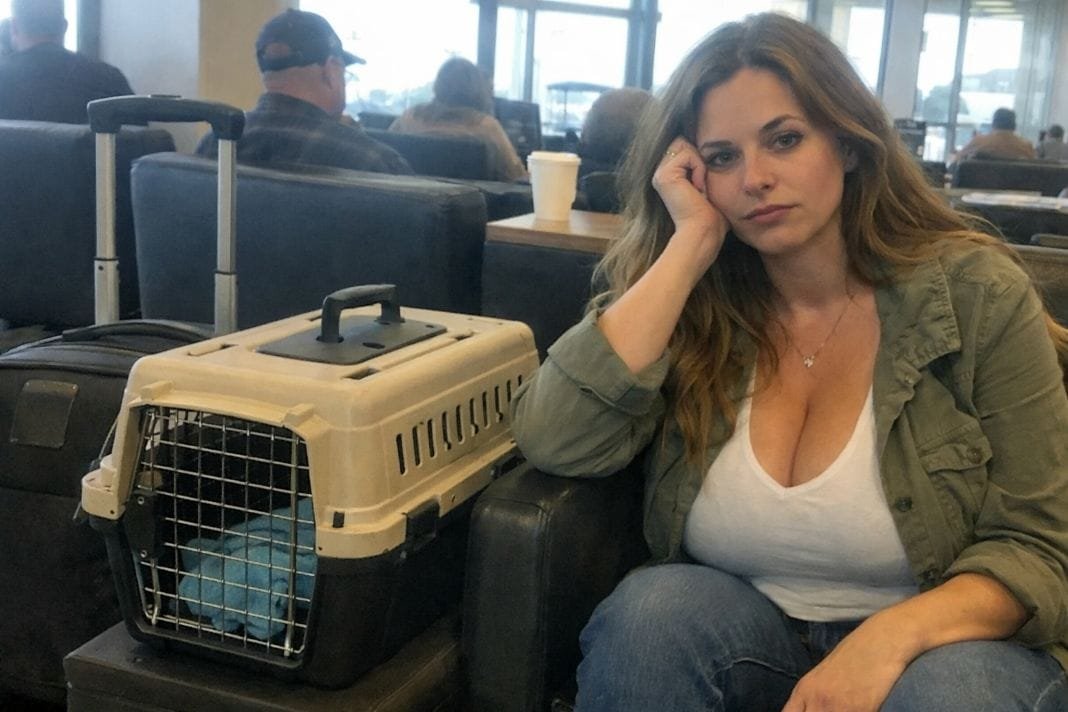 An illustrative image of a tired pet owner sitting in an airport lounge with a pet crate beside her