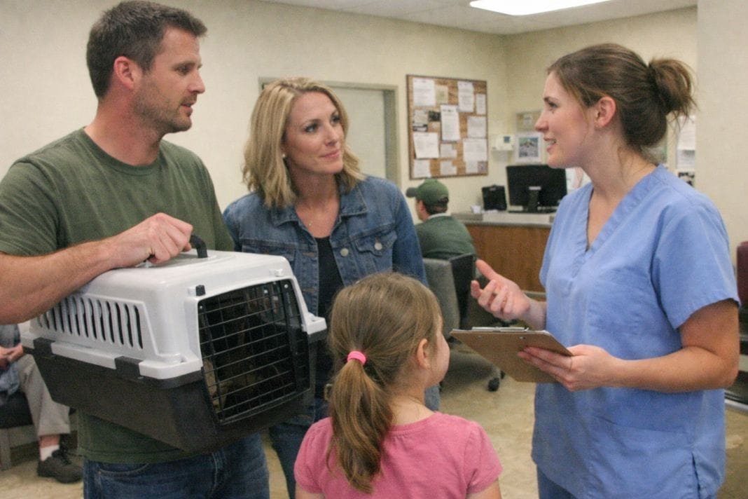 An illustrative image of a veterinary clinic waiting room with a family holding a pet carrier and discussing with a vet assistant