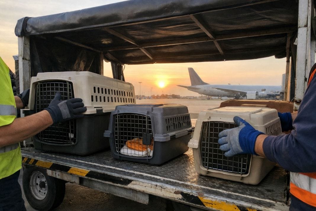 An illustrative image of a cargo loading team at sunrise gently moving airline-approved pet crates onto a shaded trolley on an airport tarmac