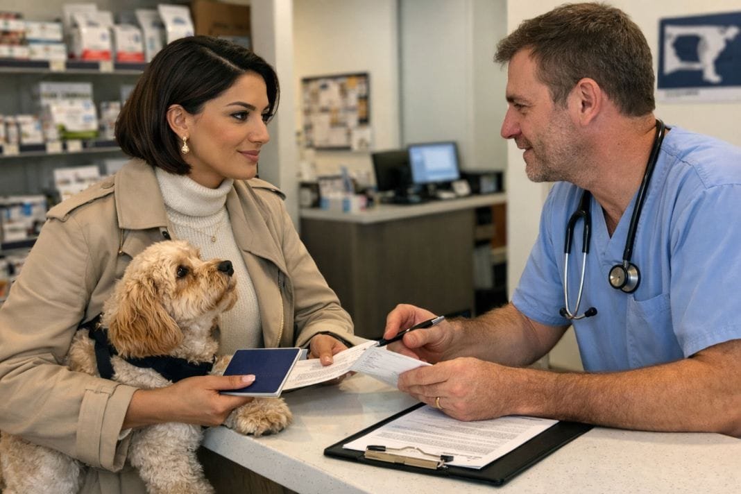An illustrative image of a dog owner discussing pet travel docs with a vet An illustrative image of a dog owner discussing pet travel docs with a vet