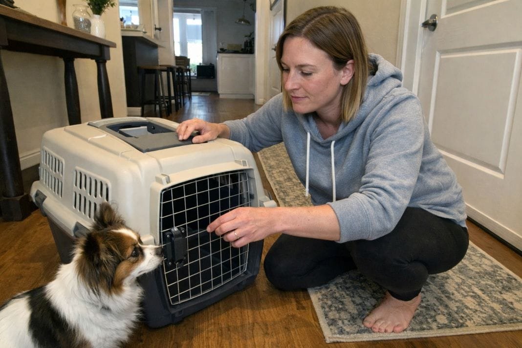 An illustrative image of a lady examining a clean airline-approved pet crate in her home An illustrative image of a lady examining a clean airline-approved pet crate in her home