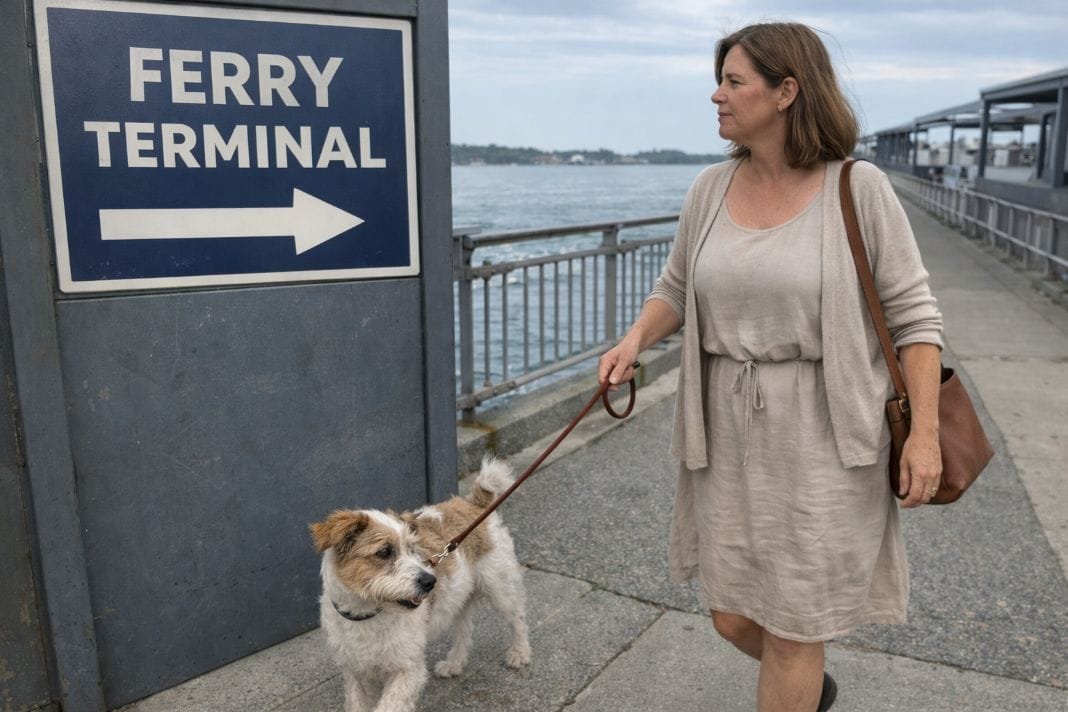 An illustrative image of a lady walking her dog near a ferry terminal sign An illustrative image of a lady walking her dog near a ferry terminal sign