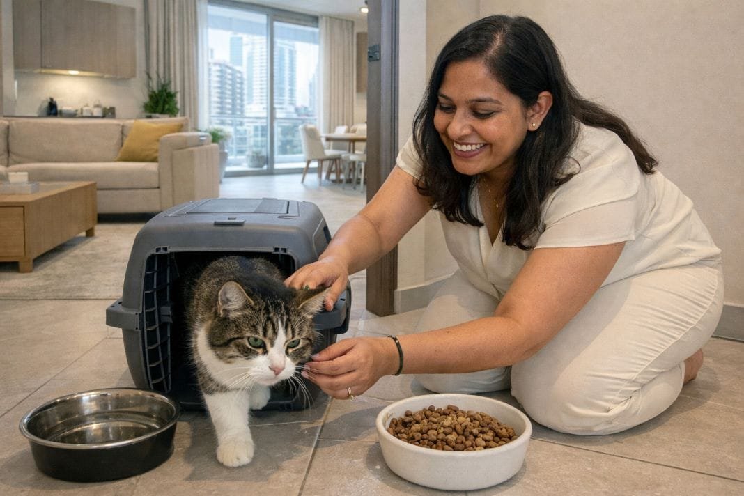Small pet being comforted beside a travel crate before collection and transport – Illustrative Image Small pet being comforted beside a travel crate before collection and transport - Illustrative Image