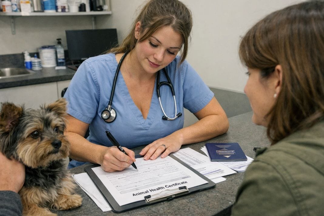 An illustrative image of a vet preparing and signing an Animal Health Certificate