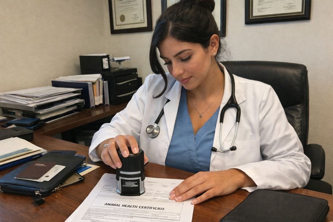 Pet health certificate and travel documents being prepared by a veterinary professional - Illustrative Image