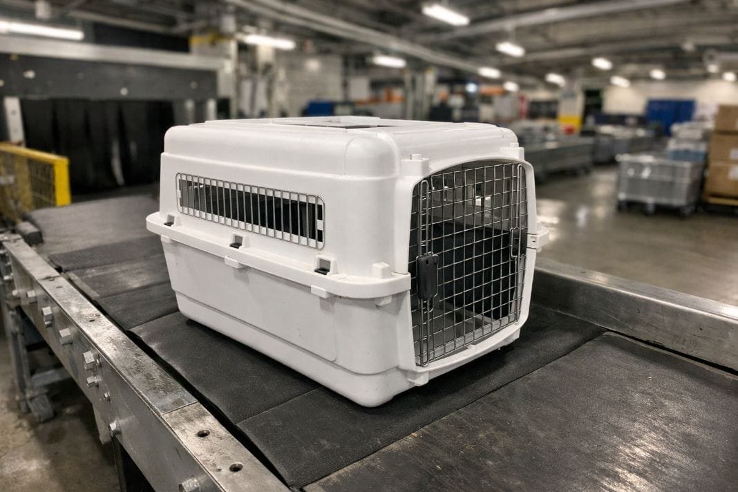 Airline pet crate on cargo handling line for professional pet relocation – Illustrative Image Airline pet crate on cargo handling line for professional pet relocation - Illustrative Image