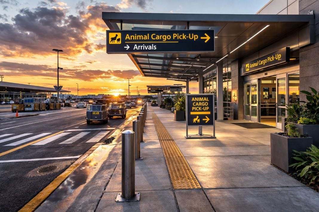 An illustrative image of an international airport with signs for animal cargo pick-up