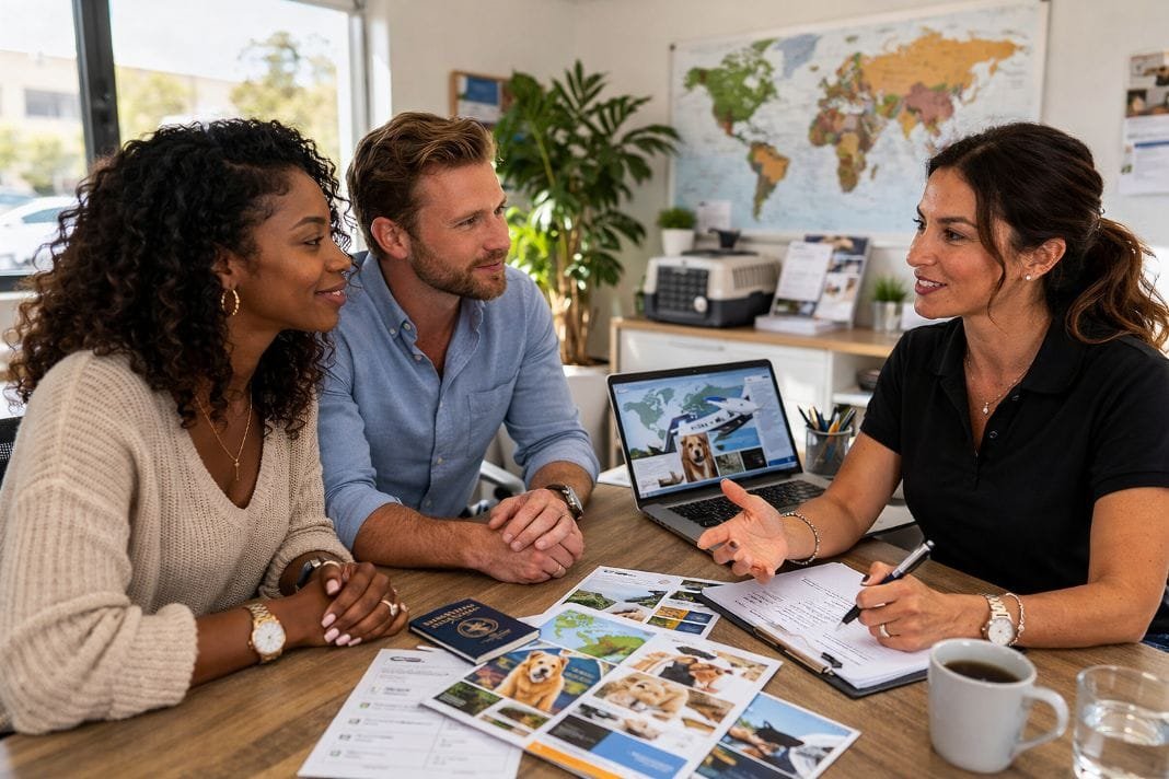An illustrative image of pet owners discussing pet relocation logistics with a pet consultant An illustrative image of pet owners discussing pet relocation logistics with a pet consultant
