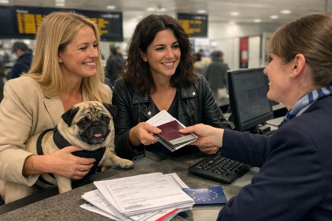 An illustrative image of travellers preparing their pug dog and essential paperwork at the check-in desk of a train station