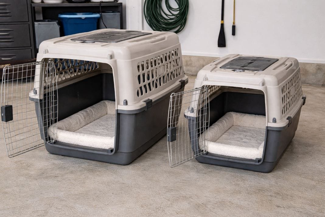 An illustrative image of two airline-approved pet crates of different sizes in a garage An illustrative image of two airline-approved pet crates of different sizes in a garage