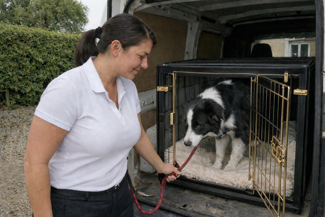 A dog being escorted out of travel crate after travel – Illustrative Image A dog being escorted out of travel crate after travel - Illustrative Image