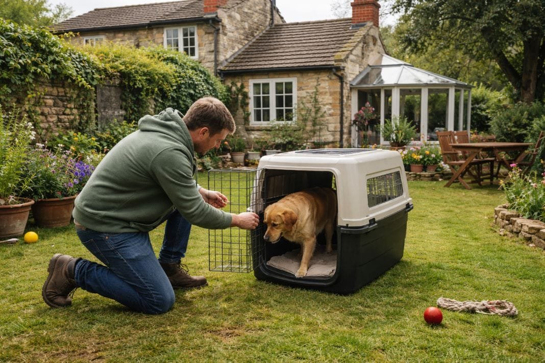 An illustrative image of a UK countryside home where a pet owner is training a dog to enter a travel crate in the back garden