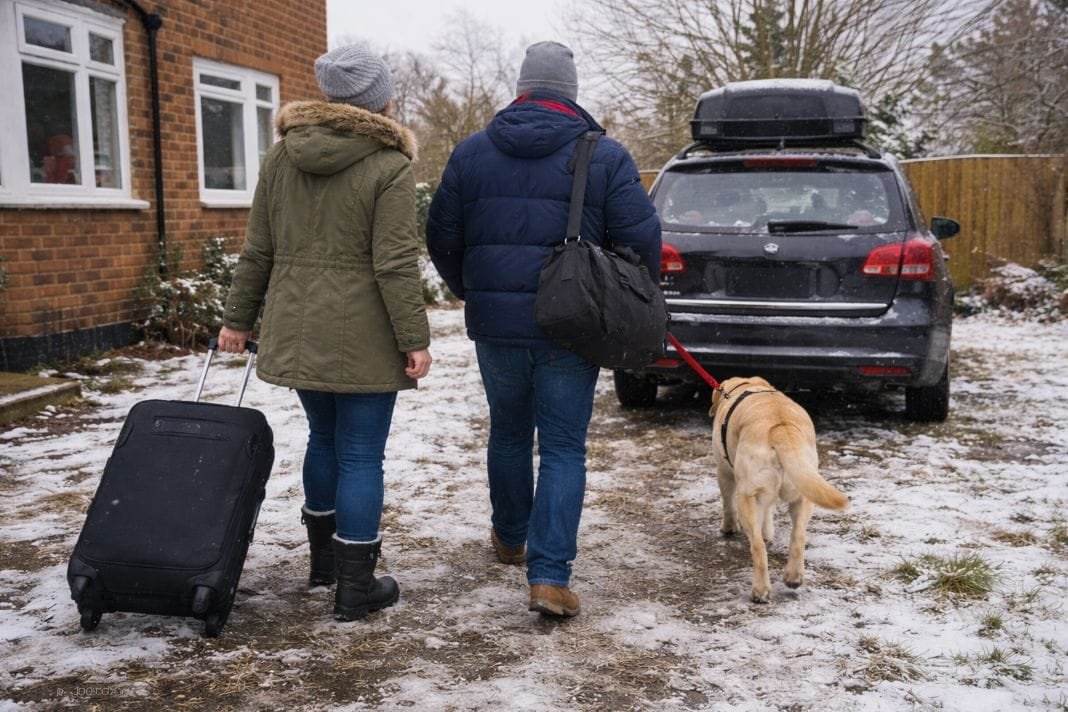 An illustrative image of a couple walking their dog preparing for seasonal travel.