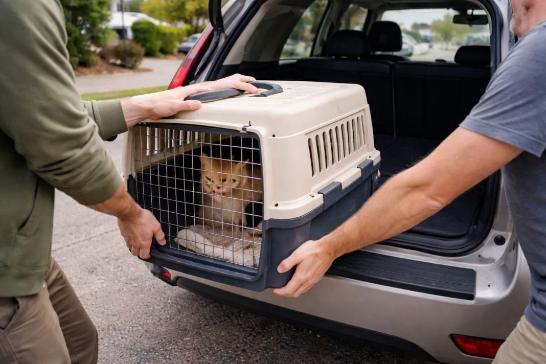 An illustrative image of a pet transport carrier being loaded carefully onto a vehicle in a residential street for travel to the airport