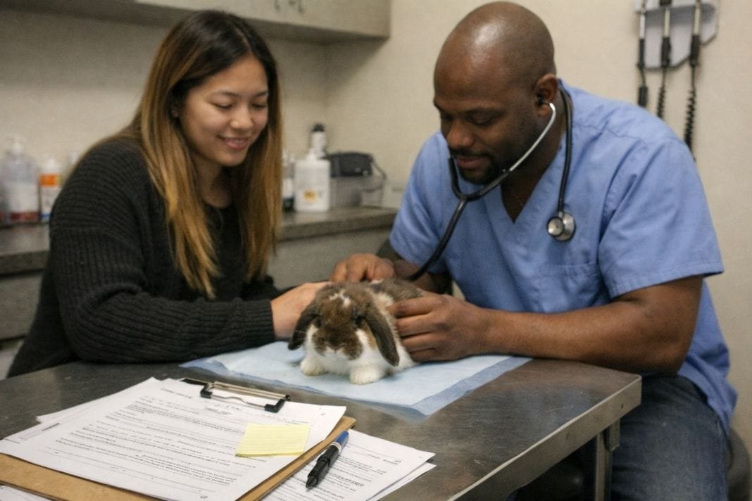 An illustrative image of a small pet owner and vet during a health check appointment An illustrative image of a small pet owner and vet during a health check appointment