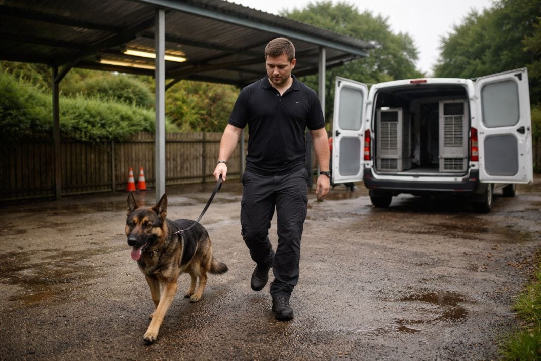 An illustrative image of a professional pet handle walking a dog on a lead