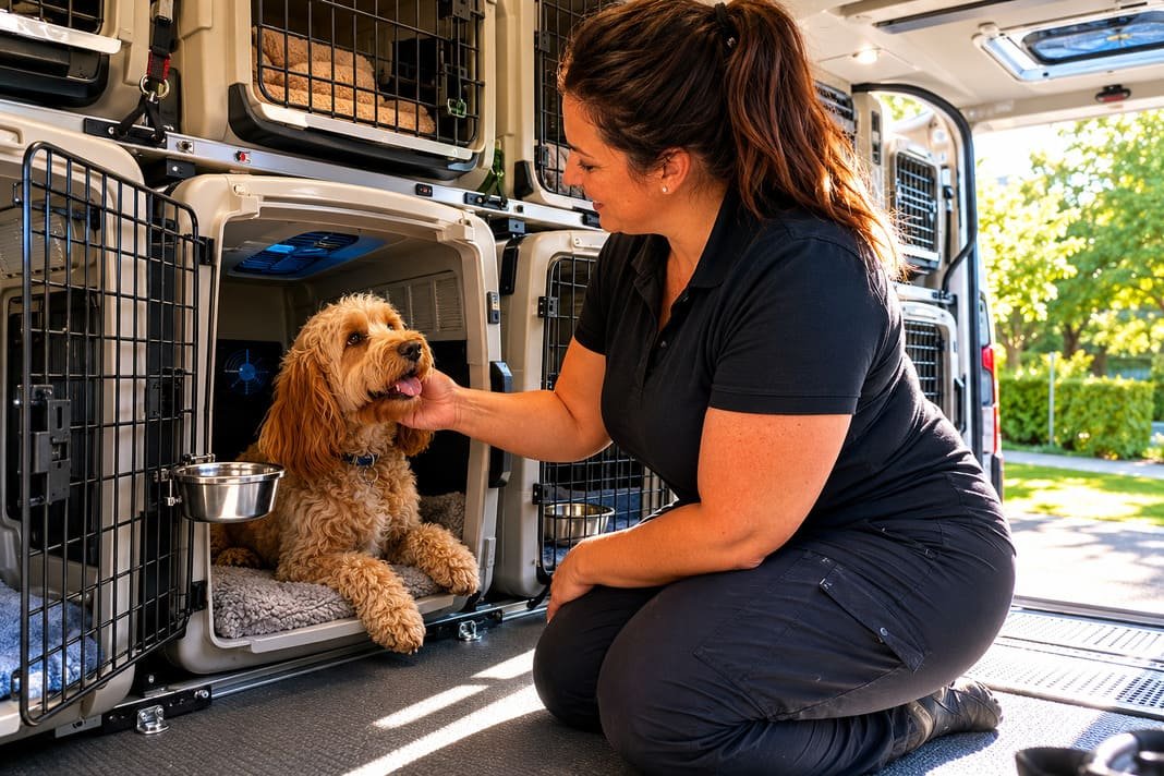 A photo of a dog and a professional pet handler during transport