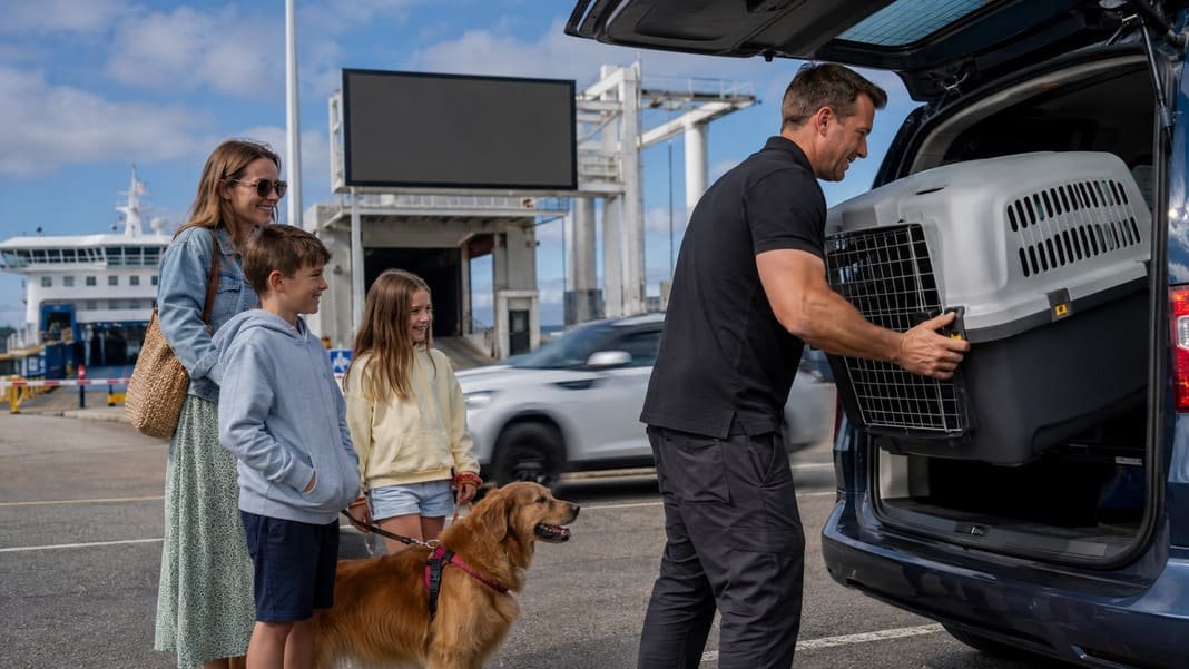 A photo of a family and a professional pet handler transporting their pet