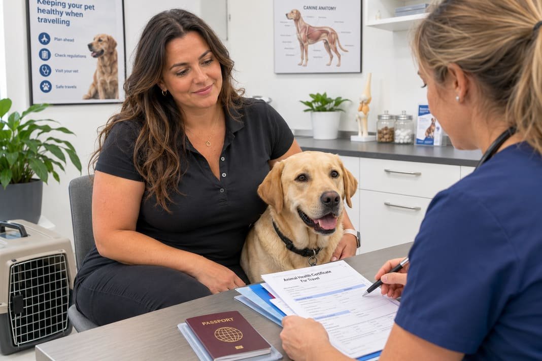 A photo of a professional pet handler and a dog at a vets getting checked before travel