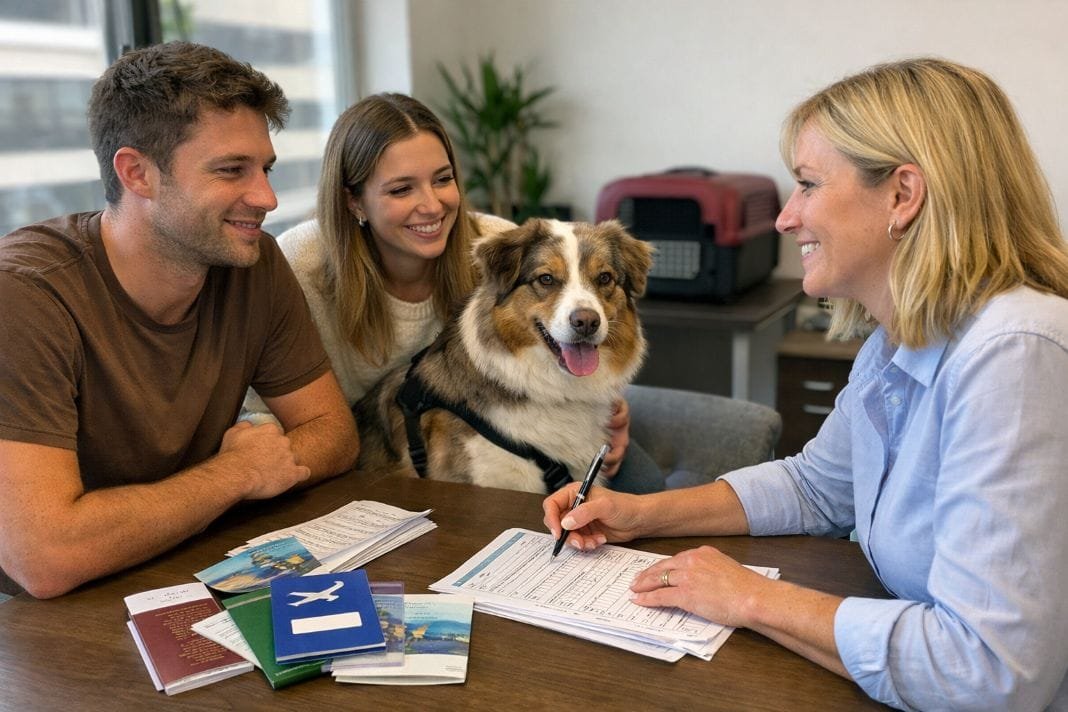 An illustrative image of a couple with a well-groomed dog consulting a professional pet travel advisor An illustrative image of a couple with a well-groomed dog consulting a professional pet travel advisor