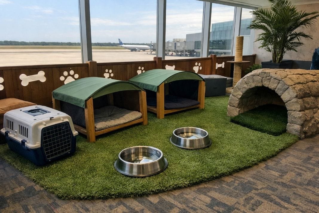 An illustrative image of a pet-friendly waiting area inside an airport An illustrative image of a pet-friendly waiting area inside an airport
